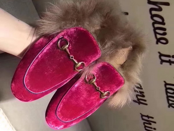 Gucci Princetown Velvet Slipper in Fuchsia Trimmed with Lamb Fur