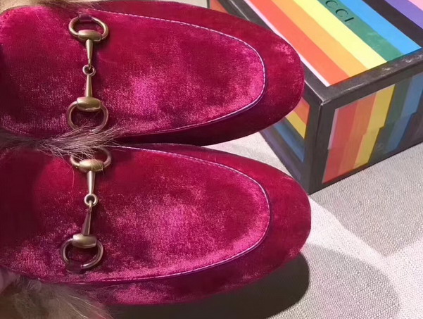 Gucci Princetown Velvet Slipper in Fuchsia Trimmed with Lamb Fur