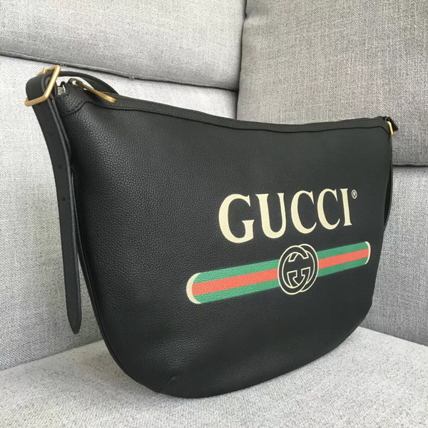 Gucci Print Half Moon Hobo Bag in Black Leather