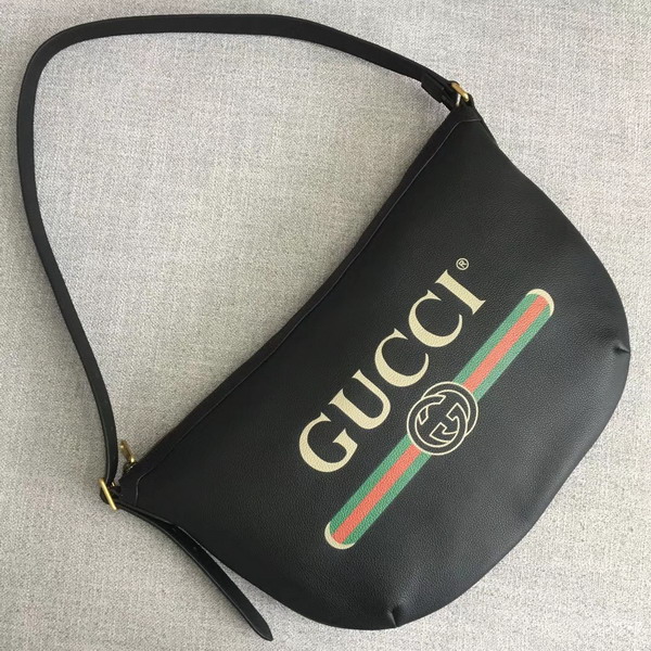 Gucci Print Half Moon Hobo Bag in Black Leather