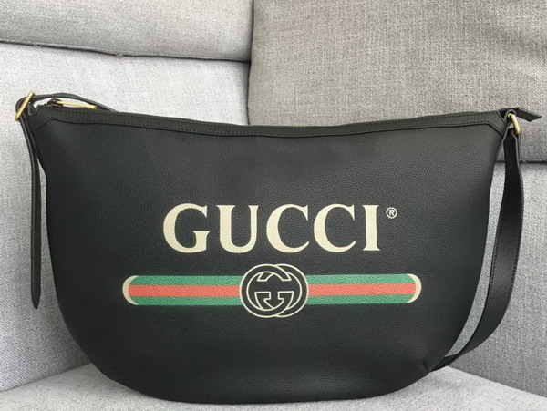 Gucci Print Half Moon Hobo Bag in Black Leather