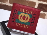 Gucci Print Leather Bi Fold Wallet in Hibiscus Red Leather with Gucci Vintage Logo