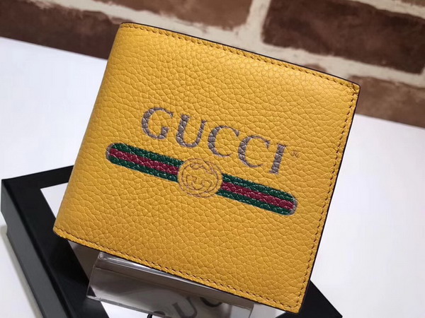 Gucci Print Leather Bi Fold Wallet in Yellow Leather with Gucci Vintage Logo