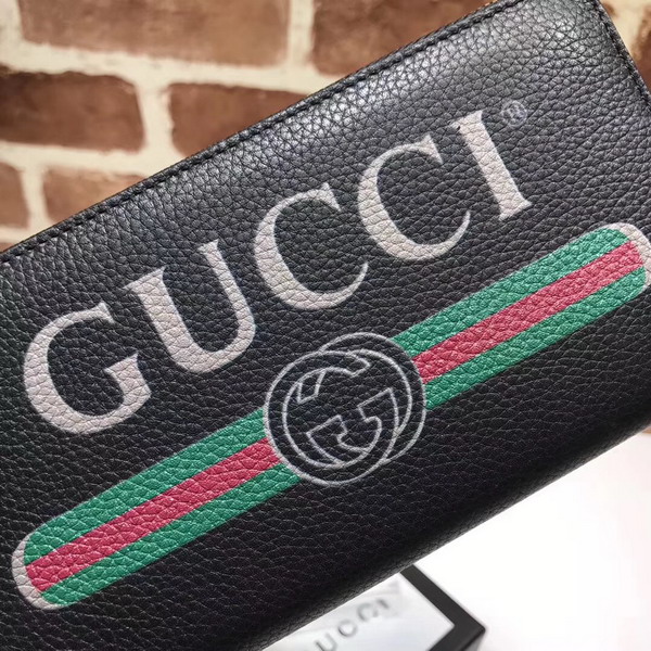 Gucci Print Leather Zip Around Wallet in Black Leather with Gucci Vintage Logo