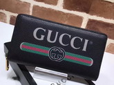 Gucci Print Leather Zip Around Wallet in Black Leather with Gucci Vintage Logo