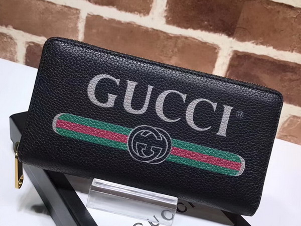 Gucci Print Leather Zip Around Wallet in Black Leather with Gucci Vintage Logo