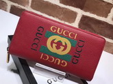 Gucci Print Leather Zip Around Wallet in Hibiscus Red Leather with Gucci Vintage Logo