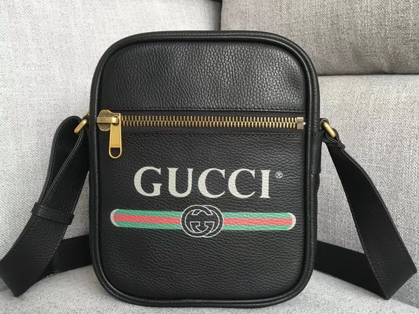 Gucci Print Messenger Bag in Black Leather with Gucci Vintage Logo