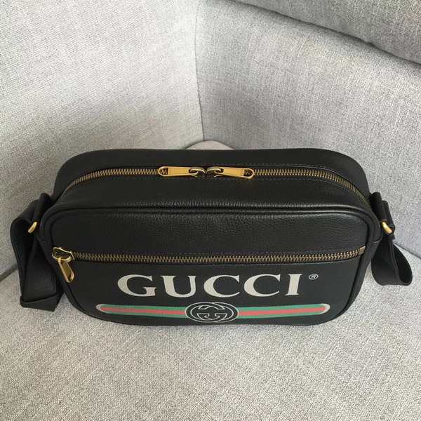 Gucci Print Shoulder Bag in Black Leather with Gucci Vintage Logo