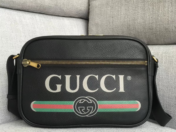 Gucci Print Shoulder Bag in Black Leather with Gucci Vintage Logo