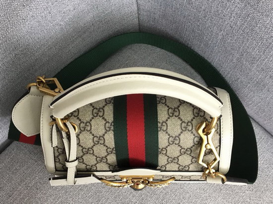 Gucci Queen Margaret Small GG Top Handle Bag Beige Ebony GG Supreme Canvas with White Leather Trim 476541