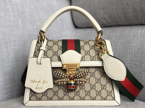 Gucci Queen Margaret Small GG Top Handle Bag Beige Ebony GG Supreme Canvas with White Leather Trim 476541