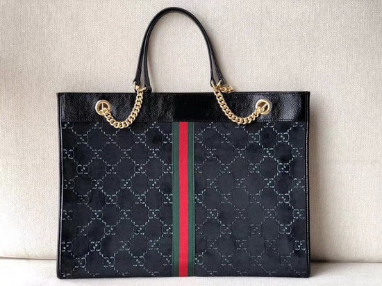 Gucci Rajah Large Tote in Black GG Velvet with Black Leather Trim