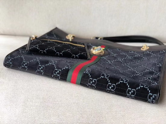 Gucci Rajah Large Tote in Black GG Velvet with Black Leather Trim