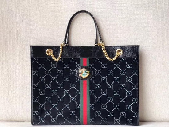 Gucci Rajah Large Tote in Black GG Velvet with Black Leather Trim