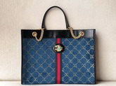 Gucci Rajah Large Tote in Blue GG Velvet with Black Patent Leather Trim