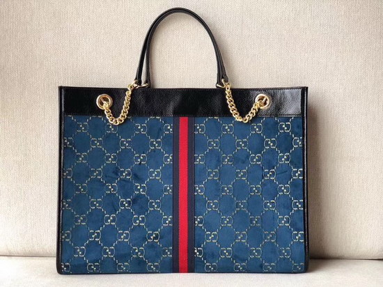 Gucci Rajah Large Tote in Blue GG Velvet with Black Patent Leather Trim