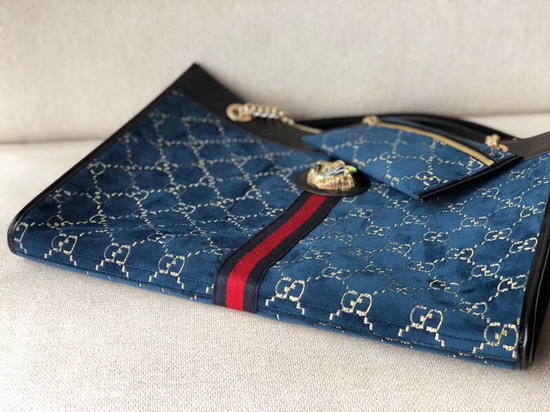 Gucci Rajah Large Tote in Blue GG Velvet with Black Patent Leather Trim