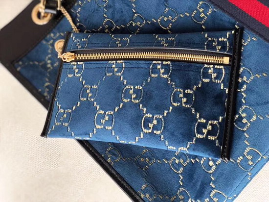 Gucci Rajah Large Tote in Blue GG Velvet with Black Patent Leather Trim