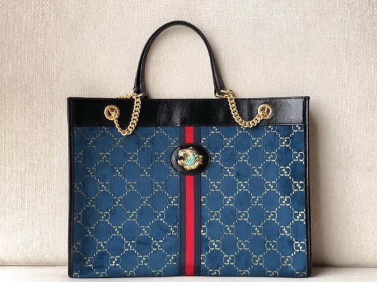 Gucci Rajah Large Tote in Blue GG Velvet with Black Patent Leather Trim