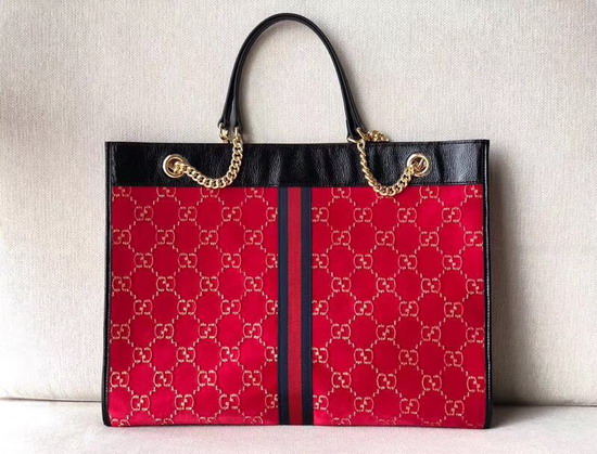 Gucci Rajah Large Tote in Red GG Velvet with Black Patent Leather Trim