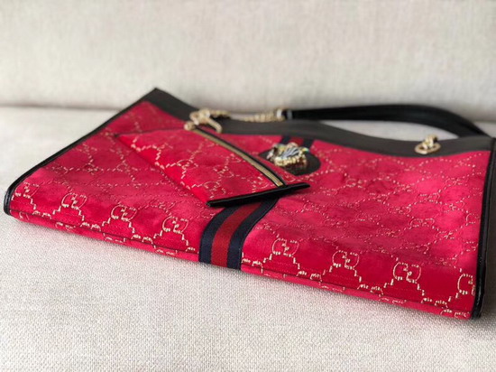 Gucci Rajah Large Tote in Red GG Velvet with Black Patent Leather Trim