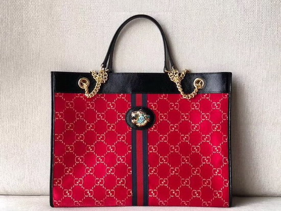 Gucci Rajah Large Tote in Red GG Velvet with Black Patent Leather Trim