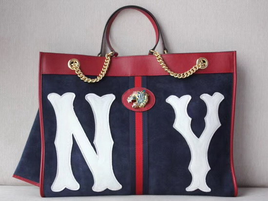 Gucci Rajah Large Tote with NY Yankees Patch Dark Blue Suede with Blue and Red Web 537219