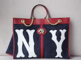 Gucci Rajah Large Tote with NY Yankees Patch Dark Blue Suede with Blue and Red Web 537219