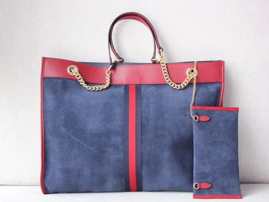 Gucci Rajah Large Tote with NY Yankees Patch Dark Blue Suede with Blue and Red Web 537219