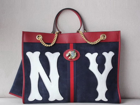 Gucci Rajah Large Tote with NY Yankees Patch Dark Blue Suede with Blue and Red Web 537219