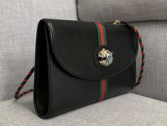 Gucci Rajah Medium Shoulder Bag in Black Leather with Green and Red Web 564697