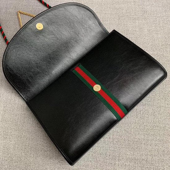 Gucci Rajah Medium Shoulder Bag in Black Leather with Green and Red Web 564697