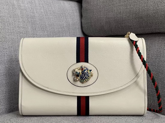 Gucci Rajah Medium Shoulder Bag in White Leather with Blue and Red Web 564697