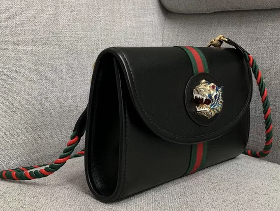 Gucci Rajah Small Shoulder Bag in Black Leather with Green and Red Web