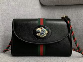 Gucci Rajah Small Shoulder Bag in Black Leather with Green and Red Web