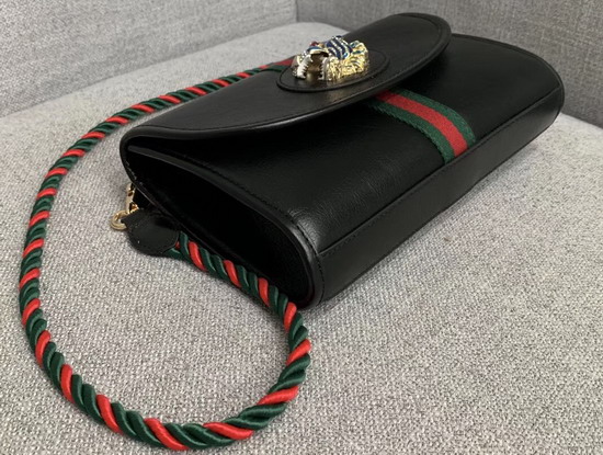 Gucci Rajah Small Shoulder Bag in Black Leather with Green and Red Web