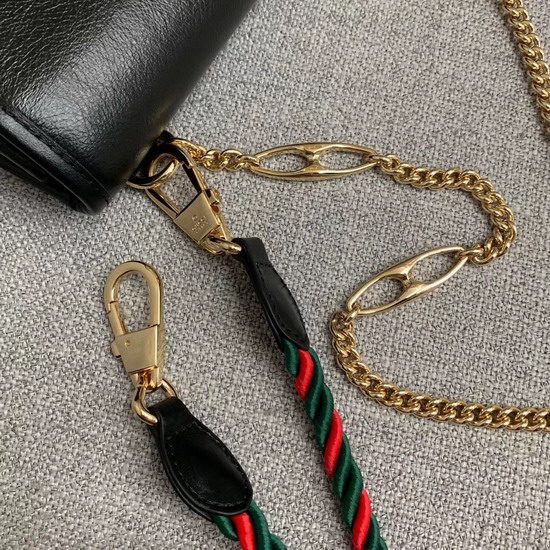 Gucci Rajah Small Shoulder Bag in Black Leather with Green and Red Web