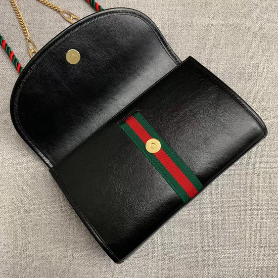 Gucci Rajah Small Shoulder Bag in Black Leather with Green and Red Web