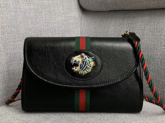 Gucci Rajah Small Shoulder Bag in Black Leather with Green and Red Web