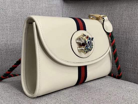 Gucci Rajah Small Shoulder Bag in White Leather with Blue and Red Web