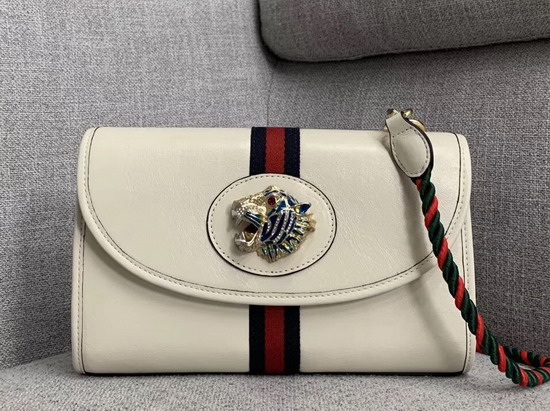 Gucci Rajah Small Shoulder Bag in White Leather with Blue and Red Web