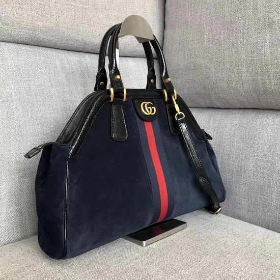 Gucci Rebelle Medium Top Handle Bag in Blue Suede