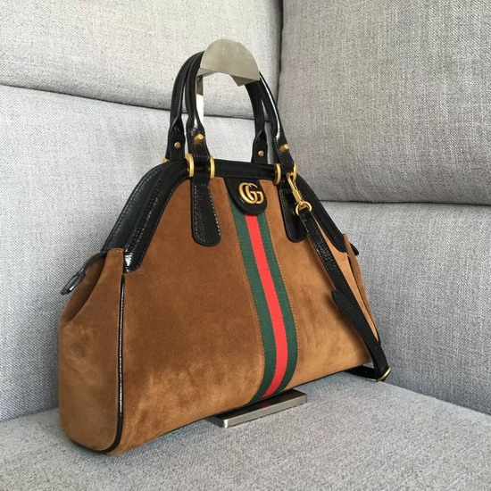 Gucci Rebelle Medium Top Handle Bag in Brown Suede