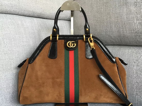 Gucci Rebelle Medium Top Handle Bag in Brown Suede