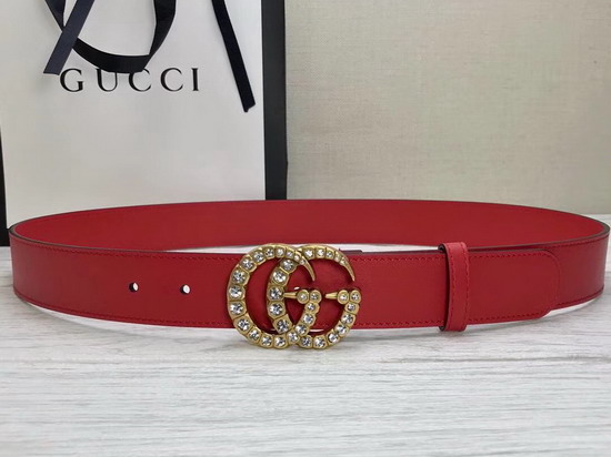 Gucci Red Leather Belt with Crystal Double G Buckle