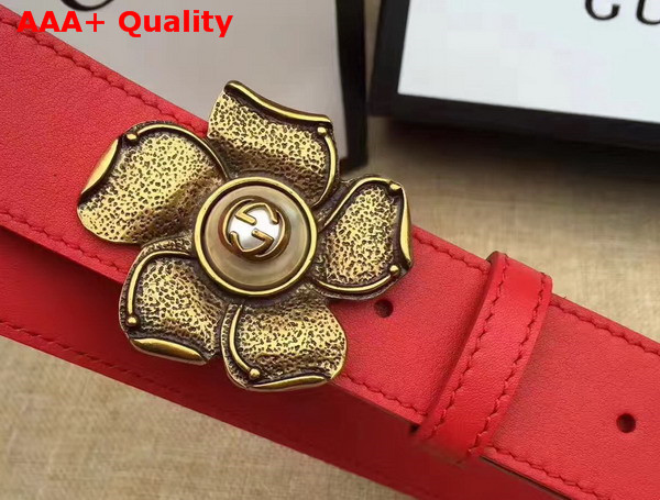 Gucci Red Leather Belt with Metal Flower Replica