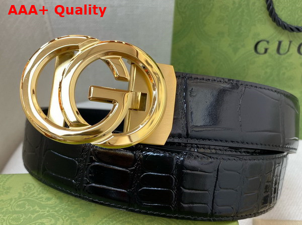 Gucci Reversible Belt in Black Crocodile Embossed Leather with Gold Interlocking G Buckle Replica