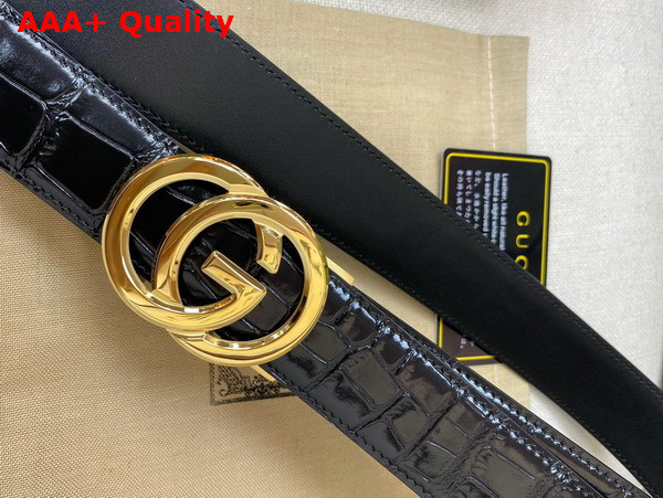 Gucci Reversible Belt in Black Crocodile Embossed Leather with Gold Interlocking G Buckle Replica