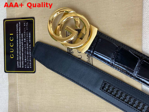 Gucci Reversible Belt in Black Crocodile Embossed Leather with Gold Interlocking G Buckle Replica